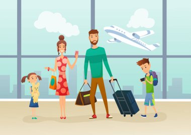 Aile havaalanı terminalinde bavul ve bavulla. Aile seyahati. Baba, anne, oğul ve kız havaalanında. Aile tatilde.