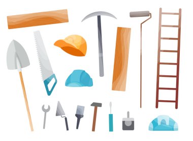 El aletleri koleksiyonu. Tamir için ekipman seti. Tamirci aletleri. Çizgi film tarzında izole edilmiş vektör çizimi. Çocuk inşaatçılar için araç gereç