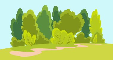 Ağaçlı doğa manzarası. Aile yürüyüşü geçmişi. Eğlence ve aktif macera turizmi arkaplanı