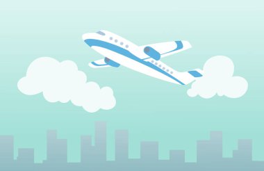Şehrin üzerindeki bulutlarda bir uçak. Uçak yolculuğu kavramı. Ulaşım turistik uçakları. Bulutlardaki hava aracı. Uçakla yolculuk.