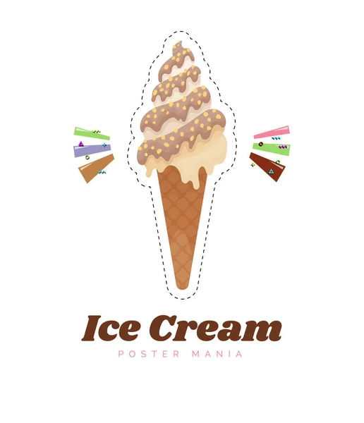 Adesivo gelato o distintivo. Carino gelato cono cartone animato vettoriale illustrazione. Cioccolato e gelato alla vaniglia dessert. Dolci bambini — Vettoriale Stock