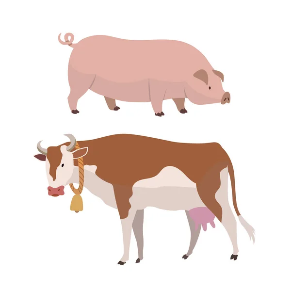 Αγελάδα και γουρούνι. Οικολογική γεωργία. Εικονογράφηση φορέα του λογότυπου κρεοπωλείο, πρότυπο ετικέτα κρέατος με αγελάδα και χοίρο — Διανυσματικό Αρχείο