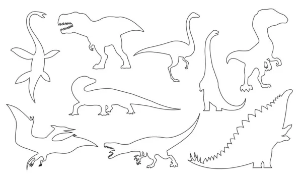 Conjunto de siluetas de dinosaurio. Colorear iconos de monstruos dino. Monstruos prehistóricos de reptiles. Ilustración vectorial aislada en blanco. Gráficos en blanco y negro — Archivo Imágenes Vectoriales