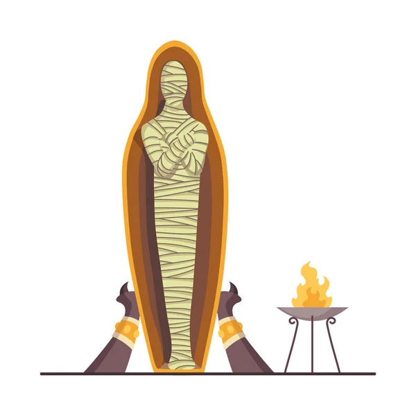 Egyiptomi múmia. Ősi régészeti szarkofág. Fáraó sírja. Múzeumi kiállítás az ókori Egyiptom leleteivel. Kötött hulla. Vallás és mitológia. Ősi egyiptomi kultúra — Stock Vector