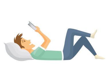 Ev tatili. Çocuk yalan söylüyor ve kitap okuyor. Gençler boş vakit geçirir. - Evde kalıyorum. Yalnız zaman geçirmenin tadını çıkardım.