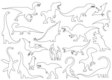 Dinozor siluetleri ayarlandı. Dinozor canavarlarını boyamak. Tarih öncesi sürüngen canavarlar. Vektör illüstrasyonu beyaza izole edildi. Siyah beyaz grafikler