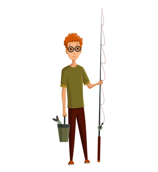 Jovem com óculos, cana de pesca e um balde nas mãos. Apanhei peixe num balde. Pesca bem sucedida — Vetor de Stock
