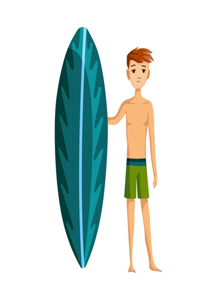 Zomer strand activiteiten. Een man met een surfplank. Strandvakantie. Cartoon stijl — Stockvector