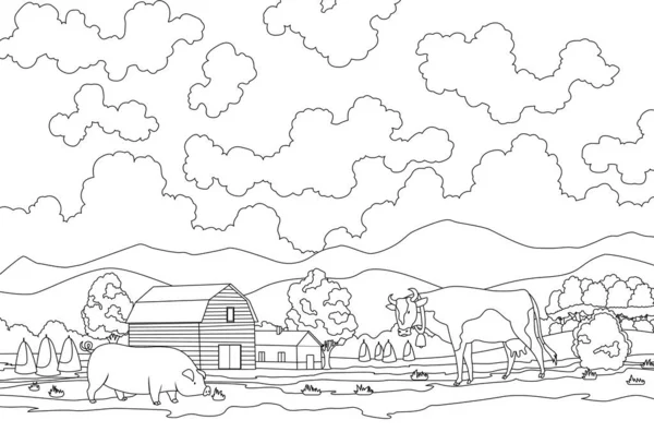 Coloriage de l'éco-agriculture. Illustration de prairie concept d'agriculture écologique naturelle. Agriculture écologique verte. Paysage agricole vectoriel de bande dessinée. Champ avec bâtiments fermiers et animaux — Image vectorielle