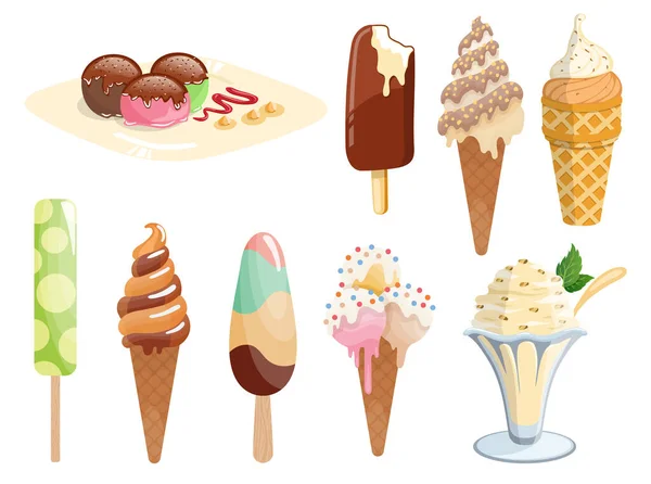 Leckere bunte Eis-Set vorhanden. Sammlung Eiszapfen und Eis auf einem Stock isoliert auf weißem Hintergrund. Vektor-Illustration für Web-Menü-Design oder Druck — Stockvektor