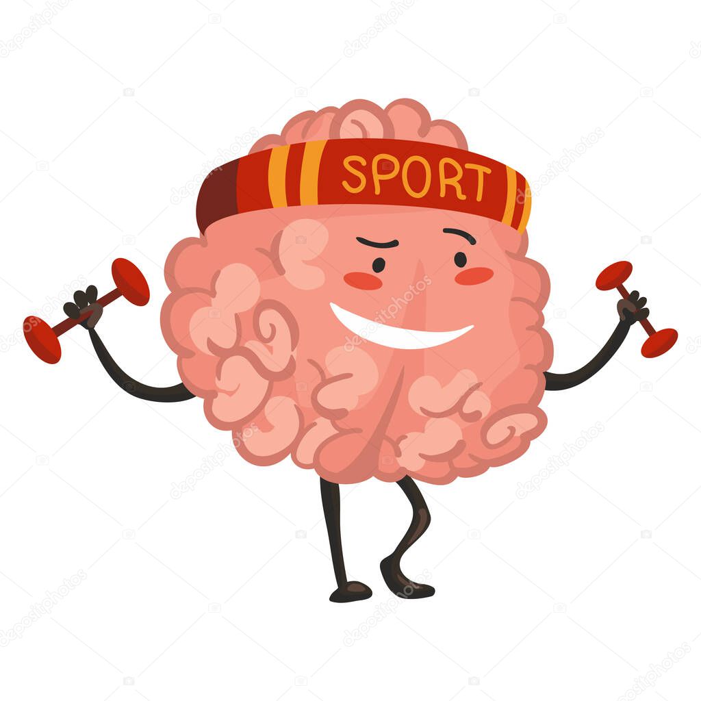 Brain character emotion. Brain character goes in for sports. Funny cartoon emoticon. Vector illustration isolated on white background