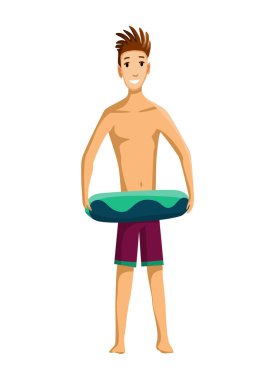 Yaz plajı aktiviteleri. Adam şişme daireyle ayakta duruyor. Plaj tatili Çizgi film biçimi