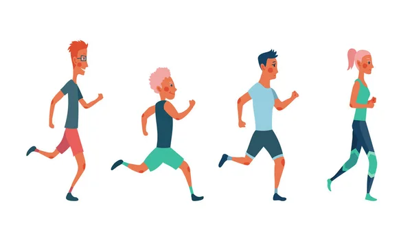 Мужчины и женщины бегут марафонскую гонку. Группа людей, одетых в спортивную одежду. Участники легкой атлетики пытаются обогнать друг друга — стоковый вектор
