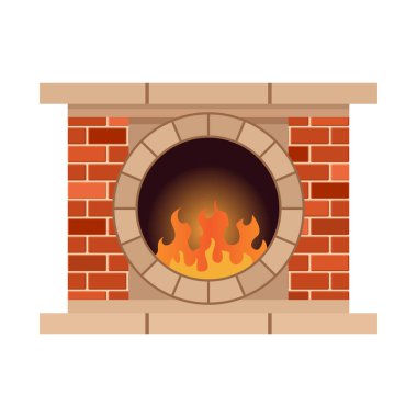 Şöminede ateş var. Şömineli taş fırının klasik tasarımı. Düz simge tasarımı. Resimler beyaz arkaplanda izole edildi