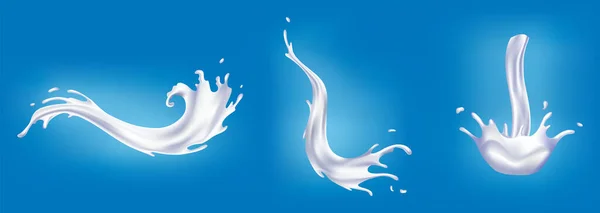 Conjunto de salpicaduras de leche realistas. Verter líquido blanco o productos lácteos. Muestra de publicidad de productos lácteos naturales realistas, yogur o crema, aislados sobre fondo azul — Vector de stock