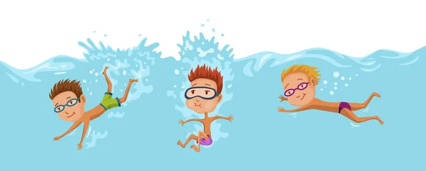 Havuzda yüzen çocuklar. Havuzda yüzen neşeli ve aktif küçük kızlar ve oğlanlar. Mayolu kızlar ve erkekler havuzda yüzüyorlar. Su altı görüntüsü. Spor takımı. — Stok Vektör