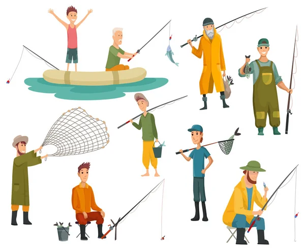 Conjunto de pescadores pescando com vara de pesca. Equipamentos de pesca, lazer e peixe captura hobby. Pescador com peixe ou em barco, rede de retenção ou vara de pesca. Ilustração vetorial — Vetor de Stock