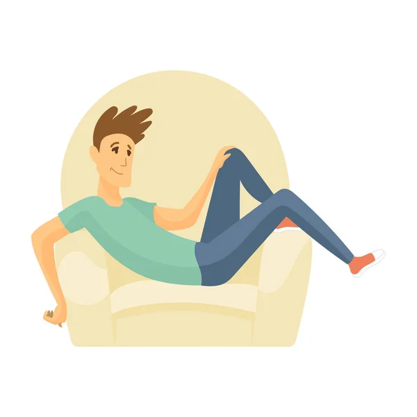 Home leisure. Boy sit on sofa. Young people leisure time. Staying at home. Enjoyed leisure time alone — Stock Vector