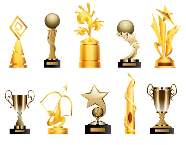 Utmärkelser och trofékoppar. Triumph sport utmärkelser och priser, vinnare trofé guld cup illustration. Bästa tävlingsresultaten. Utmärkelser i olika former — Stock vektor