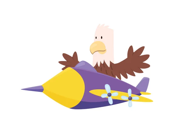 Netter Adler, der ein Flugzeug fliegt. Lustige Piloten fliegen in Flugzeugen. Zeichentrickvektorillustration isoliert auf weißem Hintergrund — Stockvektor