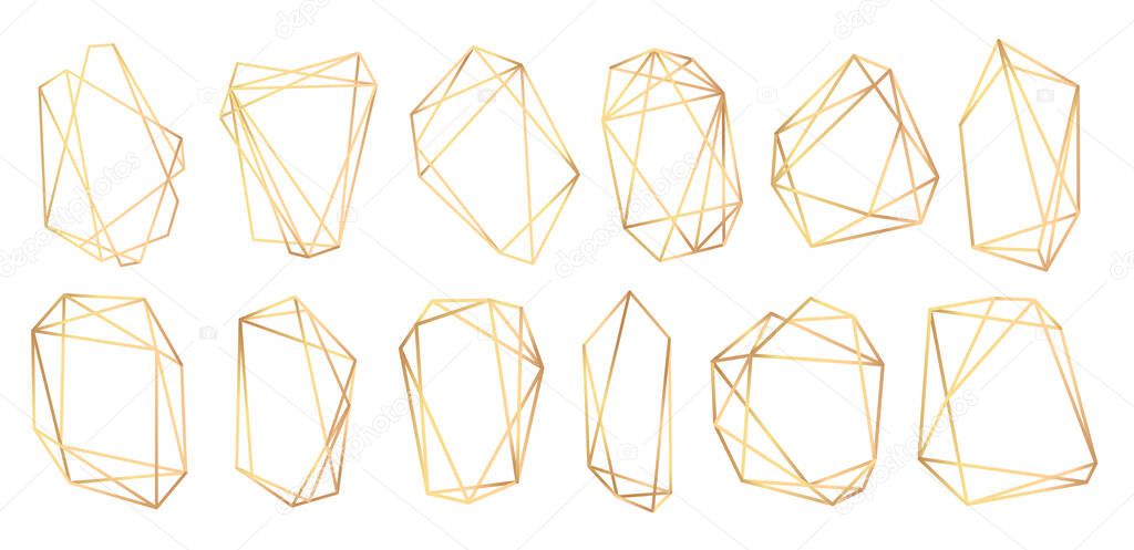 Geometric frames polyhedrons. Abstract gold frames. Luxury decorative modern polygonal geometric banner elements. Realistic detailed golden polygonal frames. Collection of geometrical polyhedrons