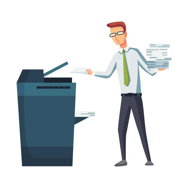 Kantoordocumenten kopieerapparaat. Kantoormedewerker drukt documenten af op de kopieermachine. Hij werkt op een kopieerapparaat. Begrip kantoorwerk — Stockvector