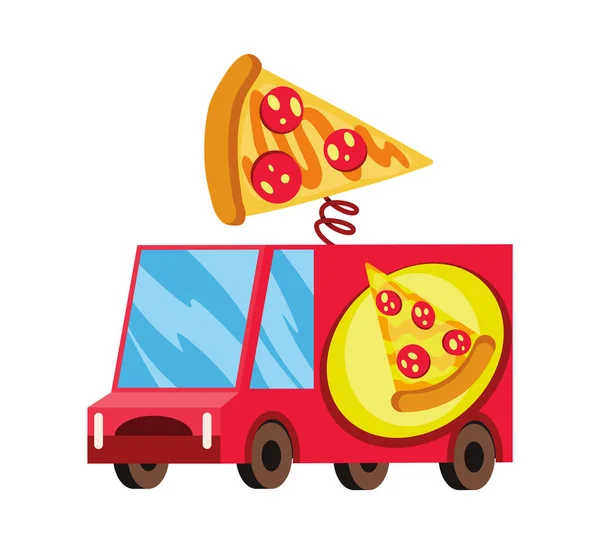 Fast Food auf der Straße. Mobiles Lebensmittelauto. Pizza-Fast-Food-Straßenladen. Hot Dog Straßenwagen, Lebensmittelmarkt — Stockvektor