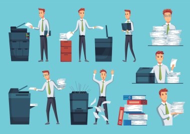 Collection of office documents copiers. Office workers prints documents on the copier. Mans works on a photocopier. Concept of office work clipart