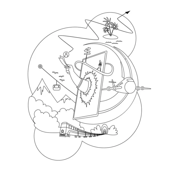 Online-Buchung für Flugzeug oder Bus. Einkaufskonzept. Malstil. Template Screen Phone Tracking Stadtverkehr. Kauf oder Buchung eines Online-Tickets — Stockvektor