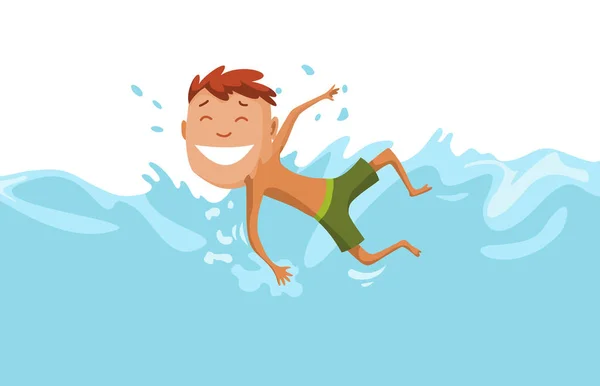 Barn simmar i poolen. Glada och aktiva lilla pojken simmar i poolen. Pojken i badkläder simmar i en barnpool. Undervattensutsikt — Stock vektor