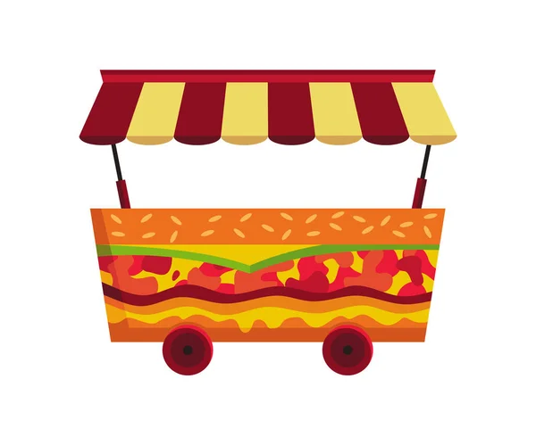 Street fast food. Cartoon fast-food cart with hamburger. Hot dog fast food street shop. Hot dog street cart, food market — Stock Vector