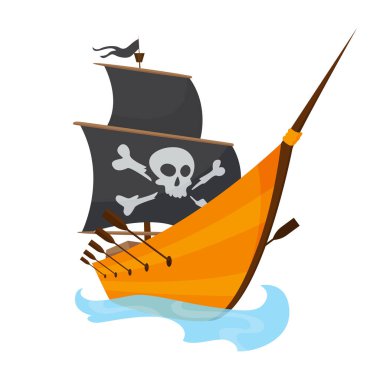 Jolly Roger ve siyah yelkenli karikatür korsan gemisi çizimi. Güzel vektör çizimi. Korsan gemisi su üzerinde ilerliyor.
