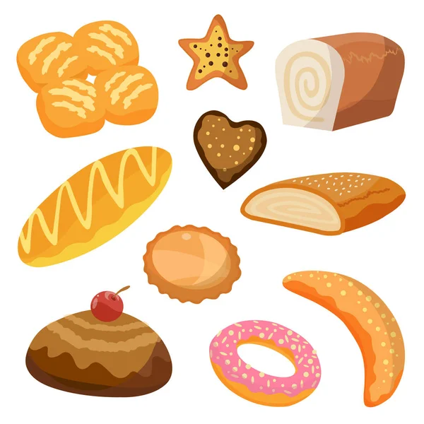 Bakkerij en banketbakkerij iconen set met diverse soorten brood, zoete broodjes, croissant, bagel, donut, voor bakkerij of food design — Stockvector