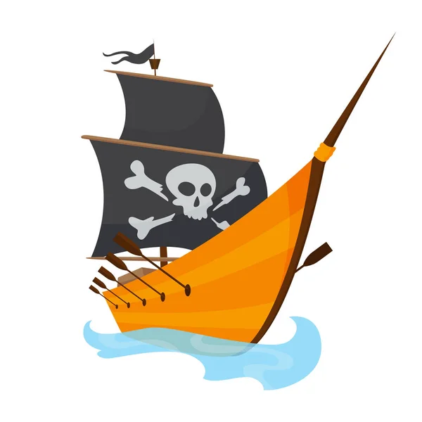 만화에 나오는 해적의 배 그림은 졸리로 저와 검은 돛이다. 귀여운 벡터 그림입니다. 해적들이 물 위를 항해하는 모습 — 스톡 벡터