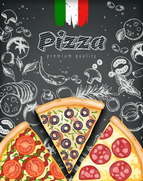Poster pizza a colori. Annunci pizza salata con illustrazione 3d ricca pasta condimenti su sfondo scarabocchio gesso stile inciso. Bandiera vettoriale per caffè, ristorante o servizio di consegna di cibo. Vista dall'alto — Vettoriale Stock