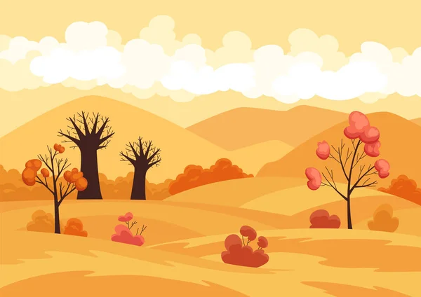 Векторное осеннее ландшафтное поле с деревьями и опавшей желтой листвой. Деревенская панорама на горы и белые облака на оранжевом небе. Баннер осеннего сезона — стоковый вектор