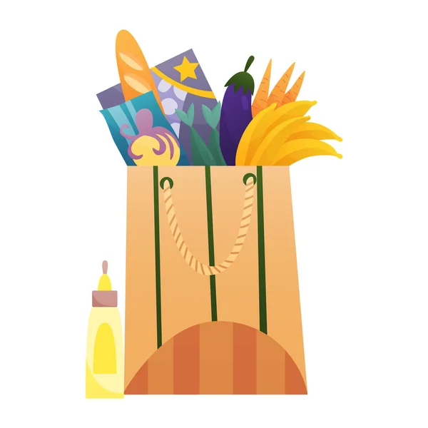 Χαρτί ψώνια τσάντα προϊόντα παντοπωλείο. Λαχανικά, ψωμί, γαλακτοκομικά προϊόντα. Σούπερ μάρκετ παντοπωλείου. Φρέσκα υγιεινά προϊόντα. Έννοια παράδοσης παντοπωλείου — Διανυσματικό Αρχείο