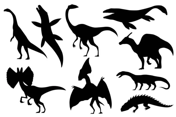 Set siluet Dinosaurus. Monster Dino ikon. Monster reptil prasejarah. Ilustrasi vektor diisolasi pada warna putih - Stok Vektor