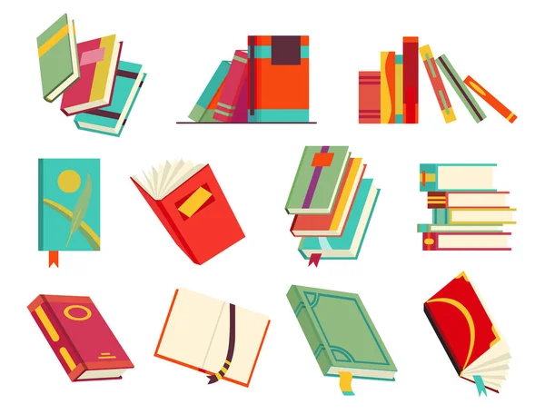 Collecction of various books, stack of books, notebooks. Reading, learn and receive education through books. Read more books. Hand drawn educational vector illustration. Flat design style — Stock Vector
