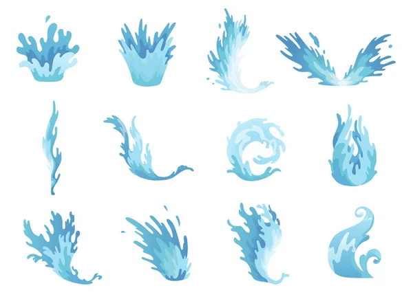Water spat. Blauwe watergolven, golvende vloeibare symbolen van de natuur in beweging. Geïsoleerde vectorontwerpelementen — Stockvector