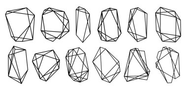 Geometrik çerçeveler çokyüzlü. Lüks dekoratif modern çokgen geometrik afiş elementleri. Gerçekçi ayrıntılı altın çokgen çerçeveler. Geometrik çokyüzlülerin koleksiyonu