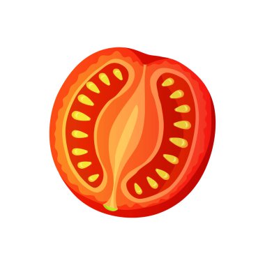 Domates. Beyaz arka planda doğranmış domates. Vektör taze kırmızı domates. Tek dilim domates.