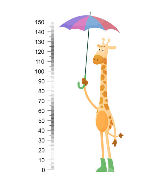Забавный жираф. Веселый смешной жираф с длинной шеей. Стена жирафа или диаграмма высоты или наклейка на стену. Иллюстрация с шкалой от 2 до 150 см для измерения роста