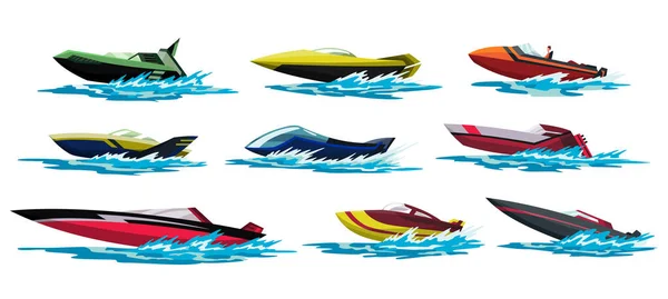 Speed motorboats. Sea or river vehicles. Nautical collection of summer transportation. Motorized water vessel with water splashes. Isolated on white background — Stock Vector