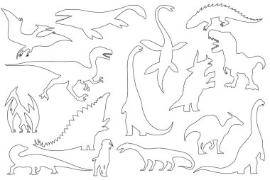 Dinozor siluetleri ayarlandı. Dinozor canavarlarını boyamak. Tarih öncesi sürüngen canavarlar. Vektör illüstrasyonu beyaza izole edildi. Siyah beyaz grafikler