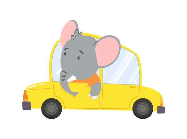 Trasporto di bambini colorati con simpatico elefante. Guida auto di animali. Animale animato conducente, animali domestici veicolo e felice in auto divertente. Trasporti animale carattere viaggio in auto — Vettoriale Stock