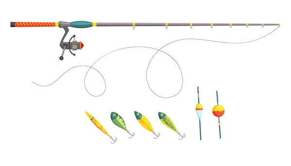 낚시. 어업 장비. 야외 휴가. 독립적 인 어업 취미. 낚시 바늘, 낚싯대, 떠 있는 물고기, 미끼. 재미있는 활동 아이콘 설정 — 스톡 벡터
