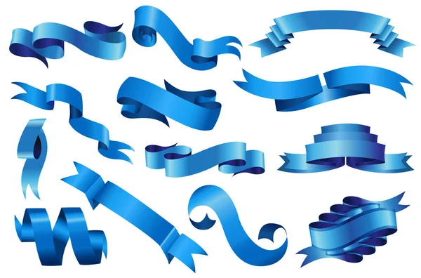 Flache Vektorbänder Banner flach isoliert auf weißem Hintergrund. Modernes Design. Illustrationsset aus blauem Band und Schleife — Stockvektor