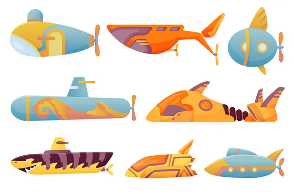 Colecção submarinos submarinos submarinos. Bonito desenhos animados submarinos amarelos. Naves submarinas Bathyscaphe. Mergulho explorando no fundo do mar. Criança jogo ilustrações —  Vetores de Stock