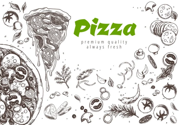 Διαφημιστικό πανό. Χαραγμένο στυλ doodle φόντο. Αλμυρές διαφημίσεις πίτσα με πλούσια εικονογράφηση toppings ζύμη. Νόστιμο vector banner για cafe, εστιατόριο ή υπηρεσία παράδοσης τροφίμων — Διανυσματικό Αρχείο